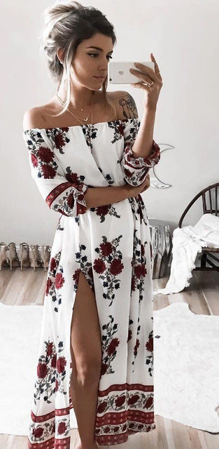 Women Summer Vintage Boho Floral Dresses Sexy Slash Neck Split Long Evening Party Beach Dress Floral Sundress Women Clothing