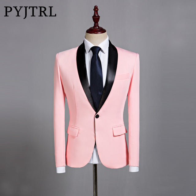 PYJTRL Mens Classic Black Shawl Lapel Pink Casual Blazer DJ Party Stage Singer Wedding Grooms Slim Fit Suit Jacket Costume Homme