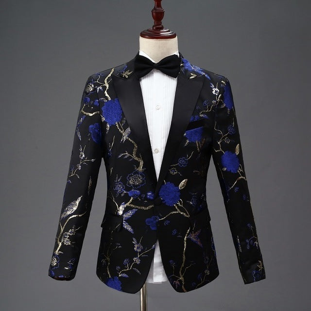 PYJTRL New Red Gold Blue Green Brocade Embroidery Floral Birds Pattern Slim Fit Blazer Designs Men Suit Jacket Stage Singer Wear