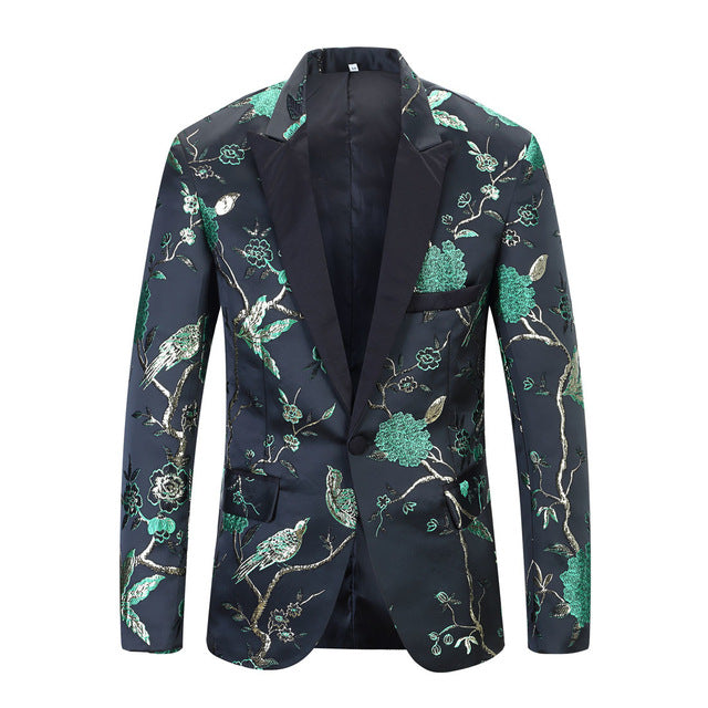 PYJTRL New Red Gold Blue Green Brocade Embroidery Floral Birds Pattern Slim Fit Blazer Designs Men Suit Jacket Stage Singer Wear