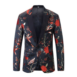 PYJTRL New Red Gold Blue Green Brocade Embroidery Floral Birds Pattern Slim Fit Blazer Designs Men Suit Jacket Stage Singer Wear