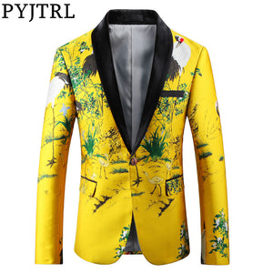 PYJTRL Men Luxurious Jacquard Yellow Gold Slim Fit Blazers Chinese Style Fashion Casual Suit Jacket Signers Clothing