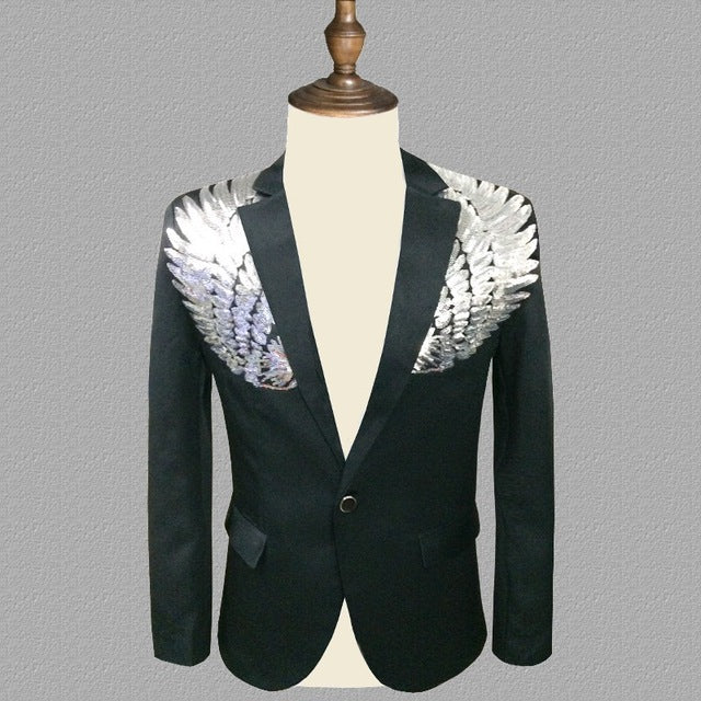 PYJTRL Blazer Men Stylish Gold Silver Wing Sequins Slim Fit Shiny Blazers Party Prom Stage DJ Singers Suit Jacket Costume