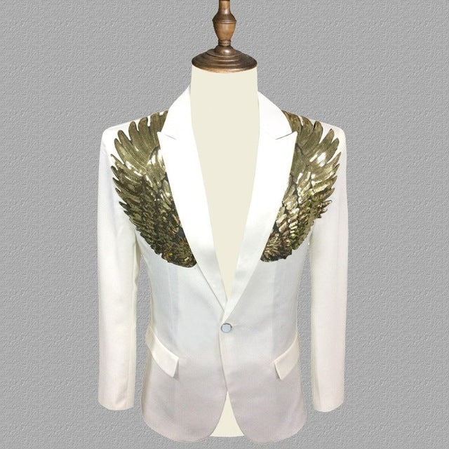 PYJTRL Blazer Men Stylish Gold Silver Wing Sequins Slim Fit Shiny Blazers Party Prom Stage DJ Singers Suit Jacket Costume