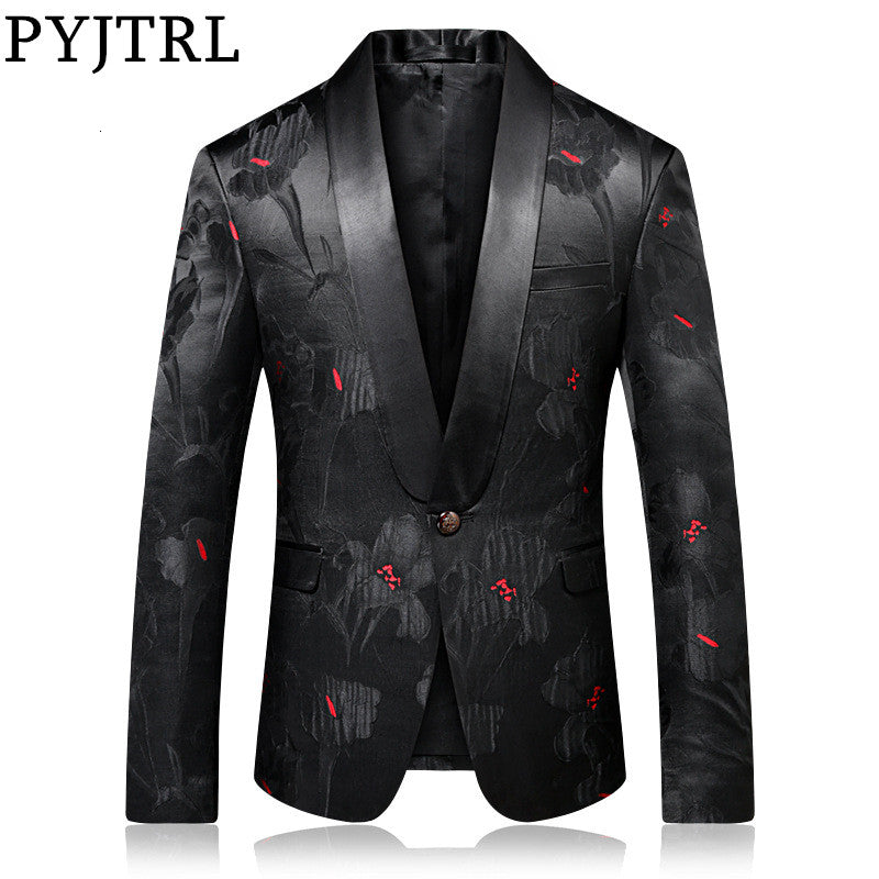 PYJTRL Quality Blazer Men Luxurious Jacquard Black Red Floral Pattern Causal Suit Jacket Night Club Singers Stylish Suit Jacket