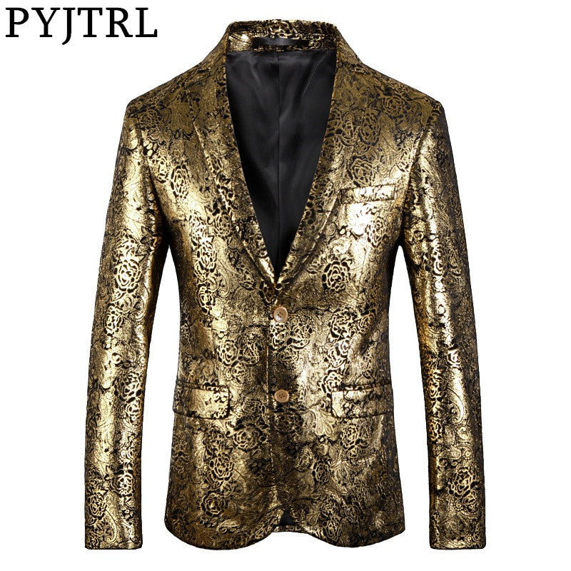 PYJTRL Blazer Men Luxurious Rose Gold Pattern Slim Fit Dress Blazers Party Prom Suit Jacket Singers Clothing