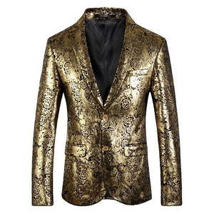 PYJTRL Blazer Men Luxurious Rose Gold Pattern Slim Fit Dress Blazers Party Prom Suit Jacket Singers Clothing