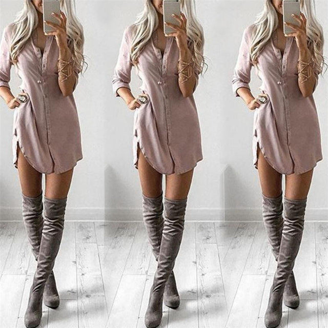 Women's Long Sleeves Blouse Ladies Loose Casual Wear New Summer Long Chiffon Tops Blouse Soild Color Bottons Sexy Dress Hot Sale