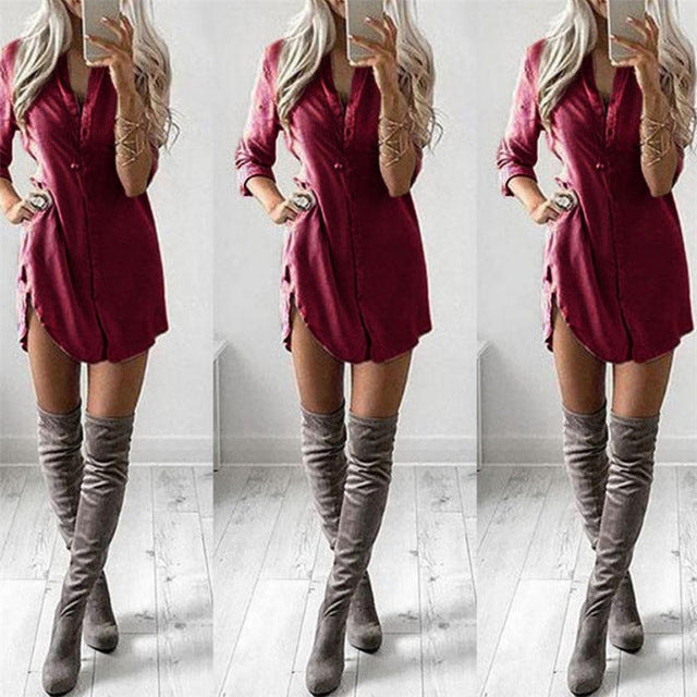 Women's Long Sleeves Blouse Ladies Loose Casual Wear New Summer Long Chiffon Tops Blouse Soild Color Bottons Sexy Dress Hot Sale