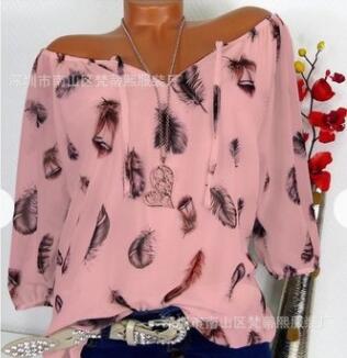 Fashion 5XL Plus Large Size Women's Blouses Summer Tops New Leisure Blouse White Loose Feather Print V Neck Half Sleeve Shirts