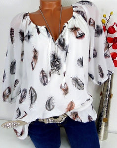 Fashion 5XL Plus Large Size Women's Blouses Summer Tops New Leisure Blouse White Loose Feather Print V Neck Half Sleeve Shirts
