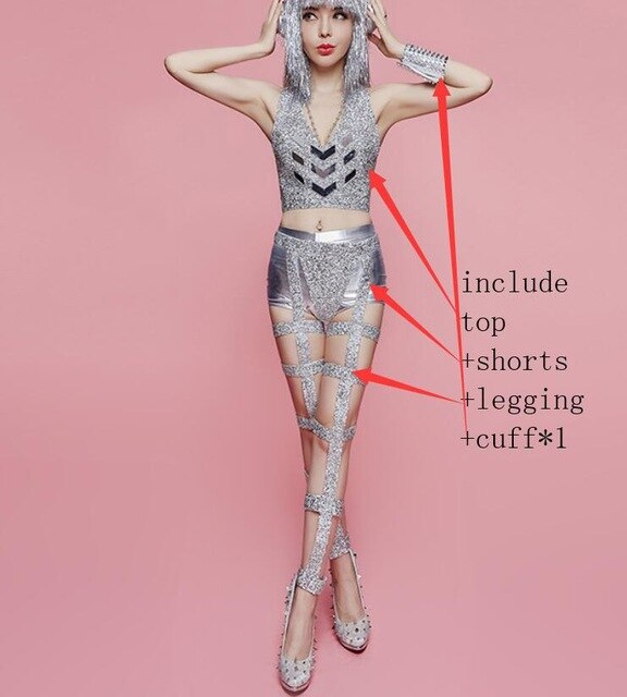 Nightclub Lady DJ Singer Stage Outfit Bar Party Show Dancer Pole Dancing Costume Silver Crystals Bra Bandage Leggings Set Outfit