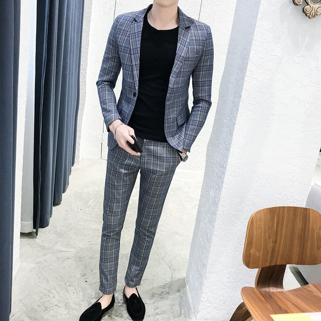 British style suit two-piece suit (coat + pants) men blazer / 2019 new men suits high quality plaid printed slim suit 2 sets