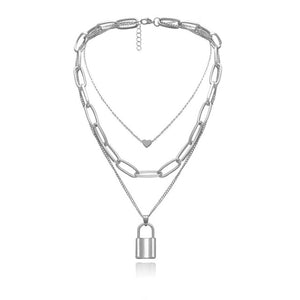 Hip Hop Multi Layers chain necklace with heart lock women/men punk rock padlock pendant necklace emo grunge Goth jewelry