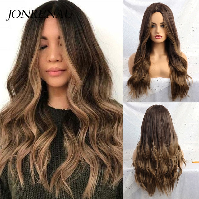 JONRENAU 24 Inches  Long Synthetic Natural Wave Brown Ombre Hair Wigs Heat Resistant Hair Wigs for Black Women