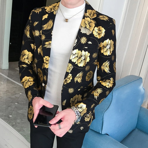 Tuxedos Mens Blazer Jacket Slim Fit Floral Suit Trend Print Flowers Fashion Male Party Stage Formal Suit Jacket Silver Gold New