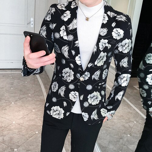 Tuxedos Mens Blazer Jacket Slim Fit Floral Suit Trend Print Flowers Fashion Male Party Stage Formal Suit Jacket Silver Gold New