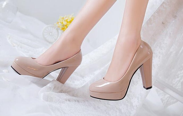 Hot Women Pumps Shoes Women PU Leather Shallow Slip-On Round Toe High heels Wedding Party Derss shoes Mujer Plus size 34-42 New