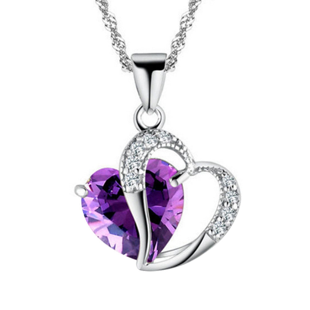 Silver Peach Heart Zircon Crystal Necklace Clavicular Chain Clavicle Chain Sweater Chain(Silver Purple)