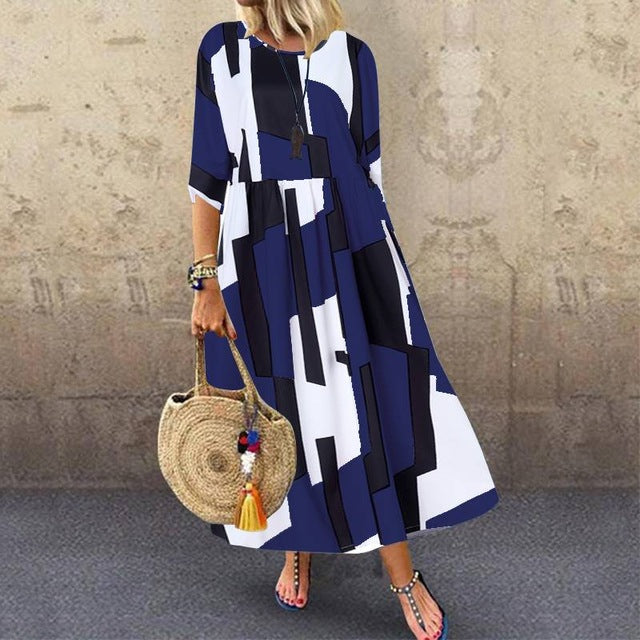 ZANZEA 2020 Fashion Printed Maxi Dress Womens Summer Sundress Vintage 3/4 Sleeve Long Vestidos Female Casual Party Robe Femme