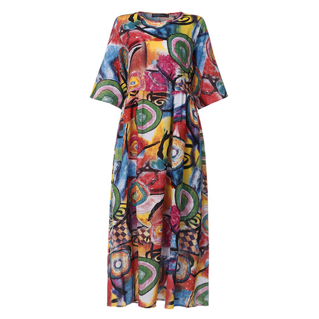 ZANZEA 2020 Fashion Printed Maxi Dress Womens Summer Sundress Vintage 3/4 Sleeve Long Vestidos Female Casual Party Robe Femme