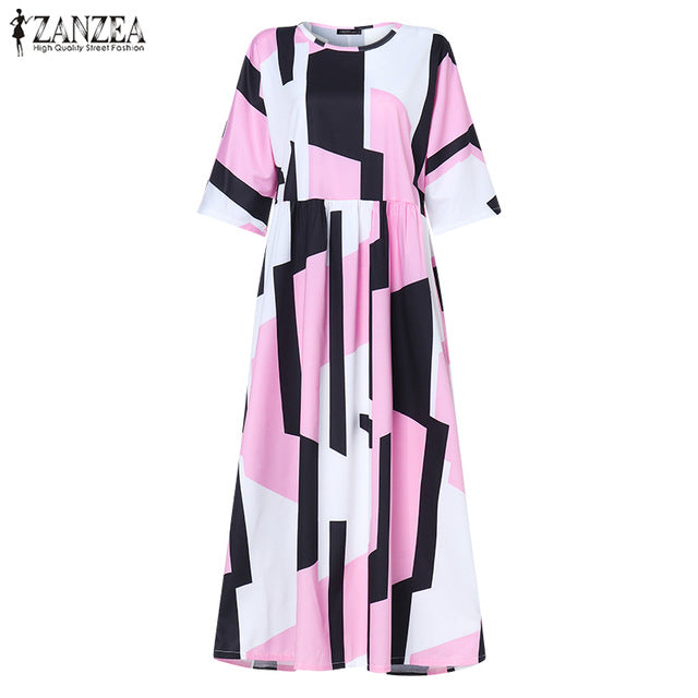 ZANZEA 2020 Fashion Printed Maxi Dress Womens Summer Sundress Vintage 3/4 Sleeve Long Vestidos Female Casual Party Robe Femme