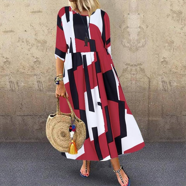 ZANZEA 2020 Fashion Printed Maxi Dress Womens Summer Sundress Vintage 3/4 Sleeve Long Vestidos Female Casual Party Robe Femme