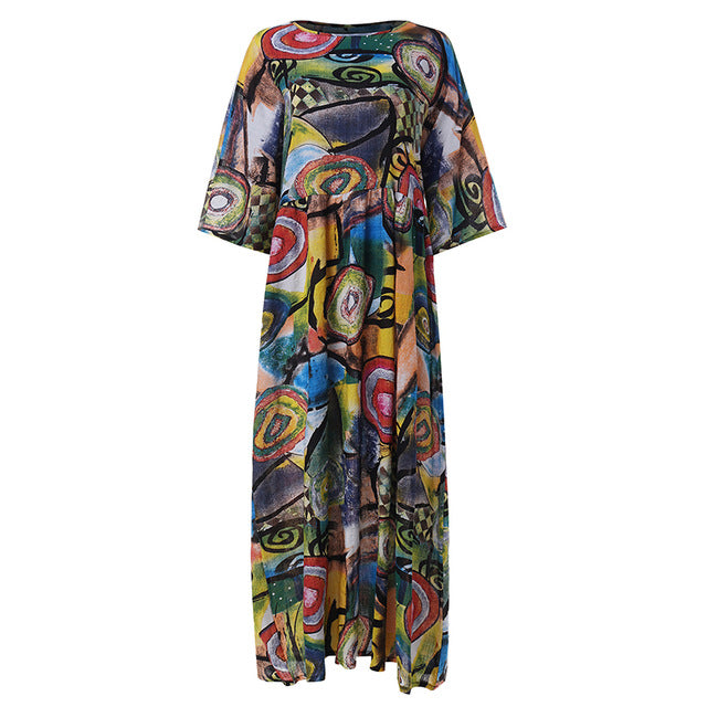 ZANZEA 2020 Fashion Printed Maxi Dress Womens Summer Sundress Vintage 3/4 Sleeve Long Vestidos Female Casual Party Robe Femme