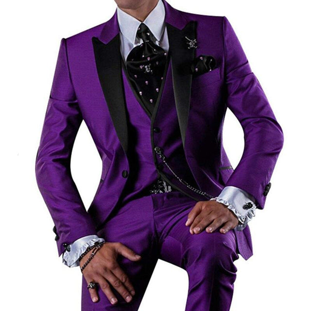 Custom Made One Button Men Suit Purple 3 Pieces Formal Party Men Suits Slim Fit Blazer Jacket Vest & Pants Wedding Dress suit
