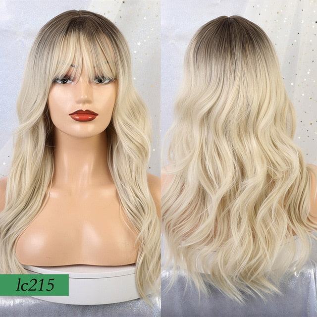 JONRENAU 24 inches 9 Colors Long Brown Root Ombre Blonde Wig Synthetic Natural Wave Wigs with Bangs for Black/White Women
