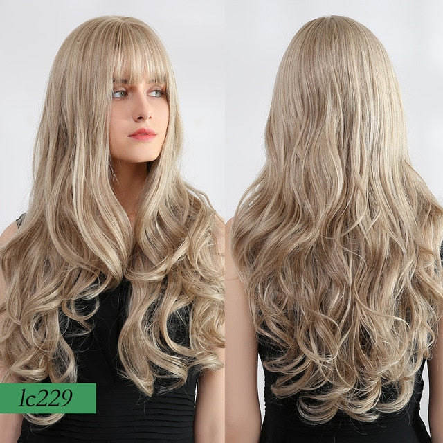 JONRENAU 24 inches 9 Colors Long Brown Root Ombre Blonde Wig Synthetic Natural Wave Wigs with Bangs for Black/White Women