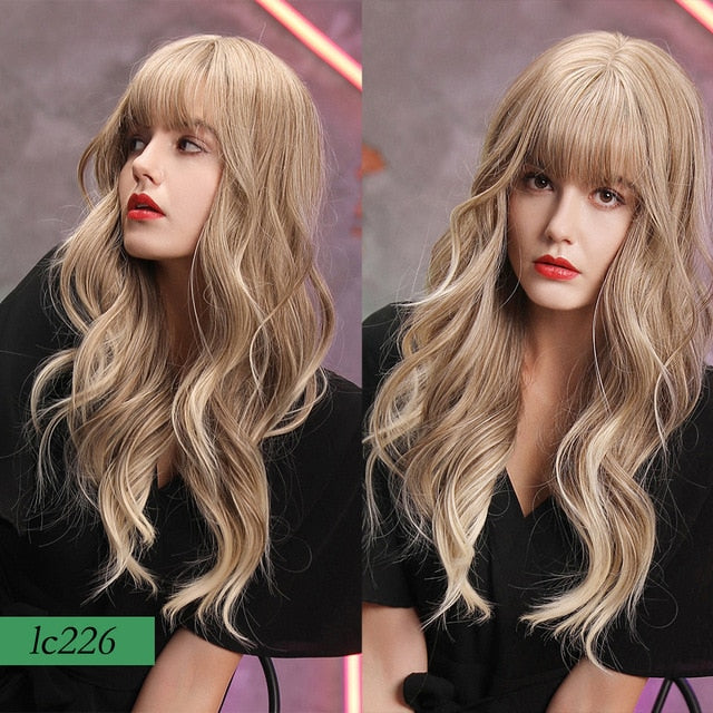 JONRENAU 24 inches 9 Colors Long Brown Root Ombre Blonde Wig Synthetic Natural Wave Wigs with Bangs for Black/White Women