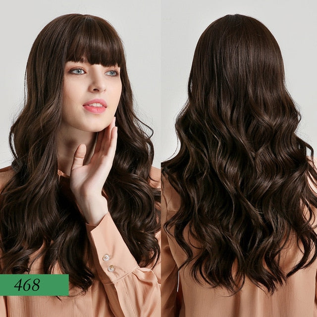 JONRENAU 24 inches 9 Colors Long Brown Root Ombre Blonde Wig Synthetic Natural Wave Wigs with Bangs for Black/White Women