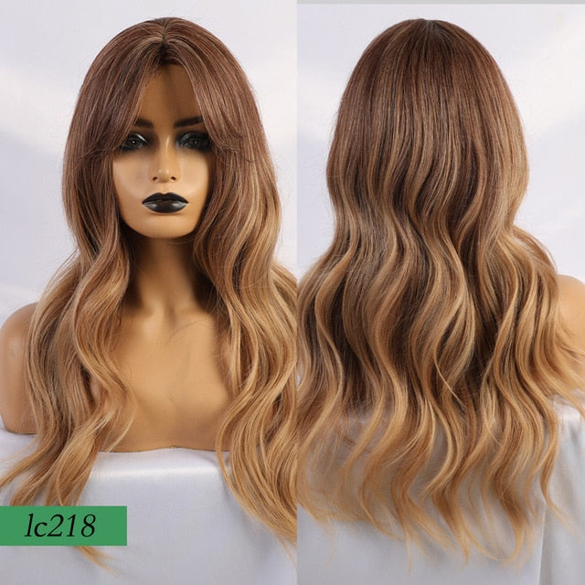 JONRENAU 24 inches 9 Colors Long Brown Root Ombre Blonde Wig Synthetic Natural Wave Wigs with Bangs for Black/White Women