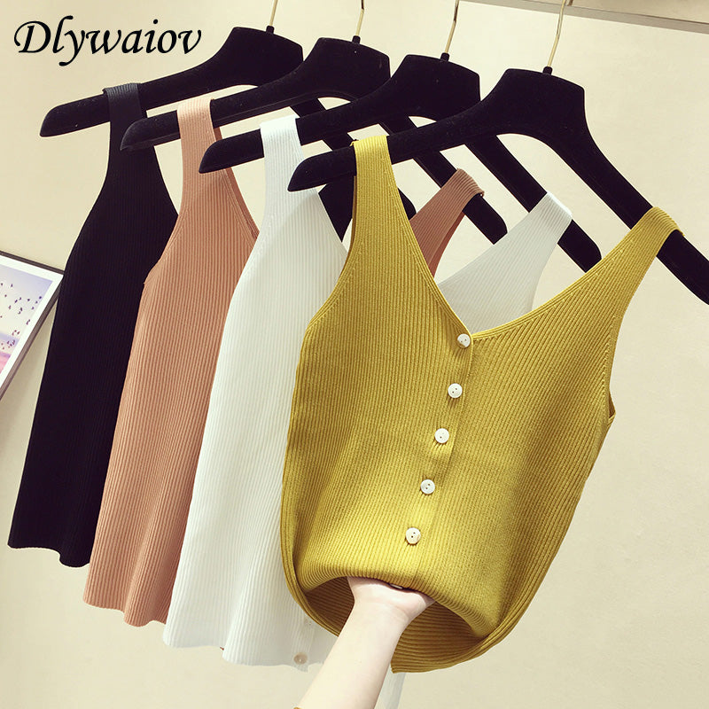 Fashion Button Knit Vest Women Top Camisole Female Solid Elastic knited Slim Sleeveless Tops Femme 2020 Summer Casual Camis New