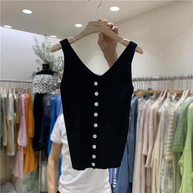 Fashion Button Knit Vest Women Top Camisole Female Solid Elastic knited Slim Sleeveless Tops Femme 2020 Summer Casual Camis New