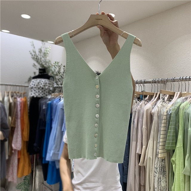 Fashion Button Knit Vest Women Top Camisole Female Solid Elastic knited Slim Sleeveless Tops Femme 2020 Summer Casual Camis New