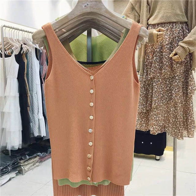 Fashion Button Knit Vest Women Top Camisole Female Solid Elastic knited Slim Sleeveless Tops Femme 2020 Summer Casual Camis New