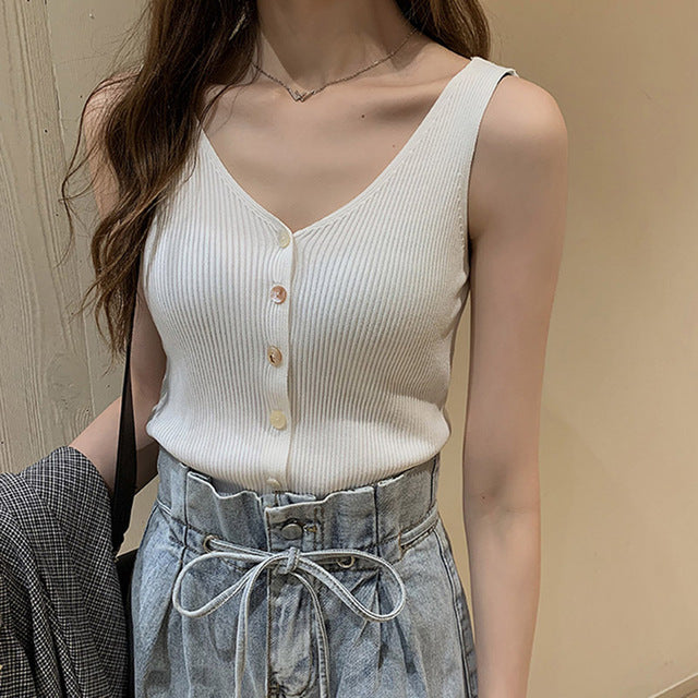 Fashion Button Knit Vest Women Top Camisole Female Solid Elastic knited Slim Sleeveless Tops Femme 2020 Summer Casual Camis New