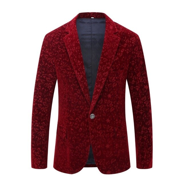 PYJTRL Men Autumn Winter Wine Red Burgundy Velvet Floral Pattern Suit Jacket Slim Fit Blazer Designs Stage Costumes For Singers