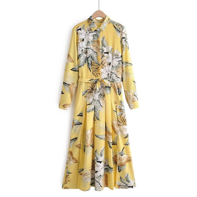 Tangada fashion women flowers print shirt dress turn down collar Long Sleeve zipper bow tie Ladies work dress Vestidos 1F22
