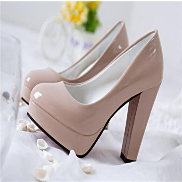 Sexy Ladies Thin Heeled Pumps Platform Patent Leather Concise Super High Heels Shoes Woman Wedding Party Shoes