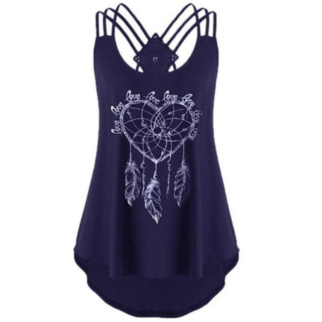 Women Sexy Sleeveless Dreamcatcher Printed Camis Backless Strapless Hollow Out Vest Tanks Girls Beach Holiday Camisole Tops Tees