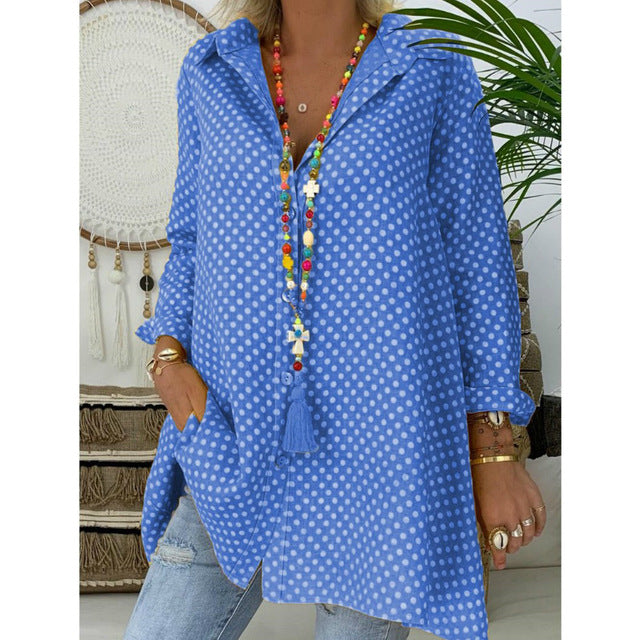 Summer Womens Blouses Shirts Polka Dot Long Sleeve Shirt Long Tops Ladies Loose Blouse Plus Size 2 XL Blousa