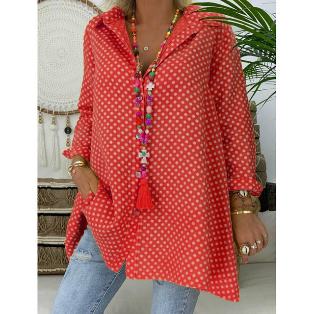 Summer Womens Blouses Shirts Polka Dot Long Sleeve Shirt Long Tops Ladies Loose Blouse Plus Size 2 XL Blousa