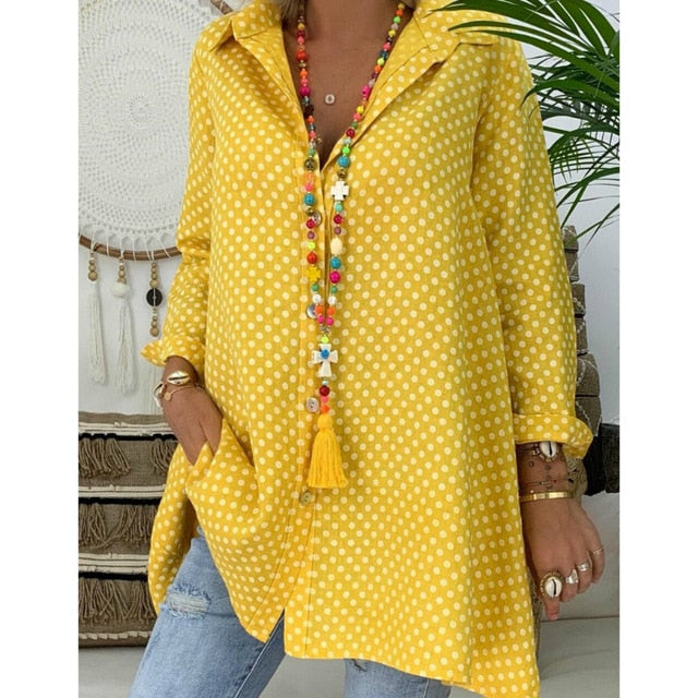 Summer Womens Blouses Shirts Polka Dot Long Sleeve Shirt Long Tops Ladies Loose Blouse Plus Size 2 XL Blousa
