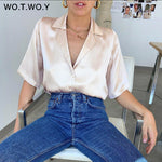 WOTWOY Summer Elegant Silk Blouse Shirt Women V-neck Half Sleeve Casual Blouses Women Solid Soft Tops Blusa Feminina Kimono 2020