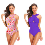 Large size 3XL women one piece swimsuit cross strap pink big flower purple solid swimsuit 2020 best seller beachwear