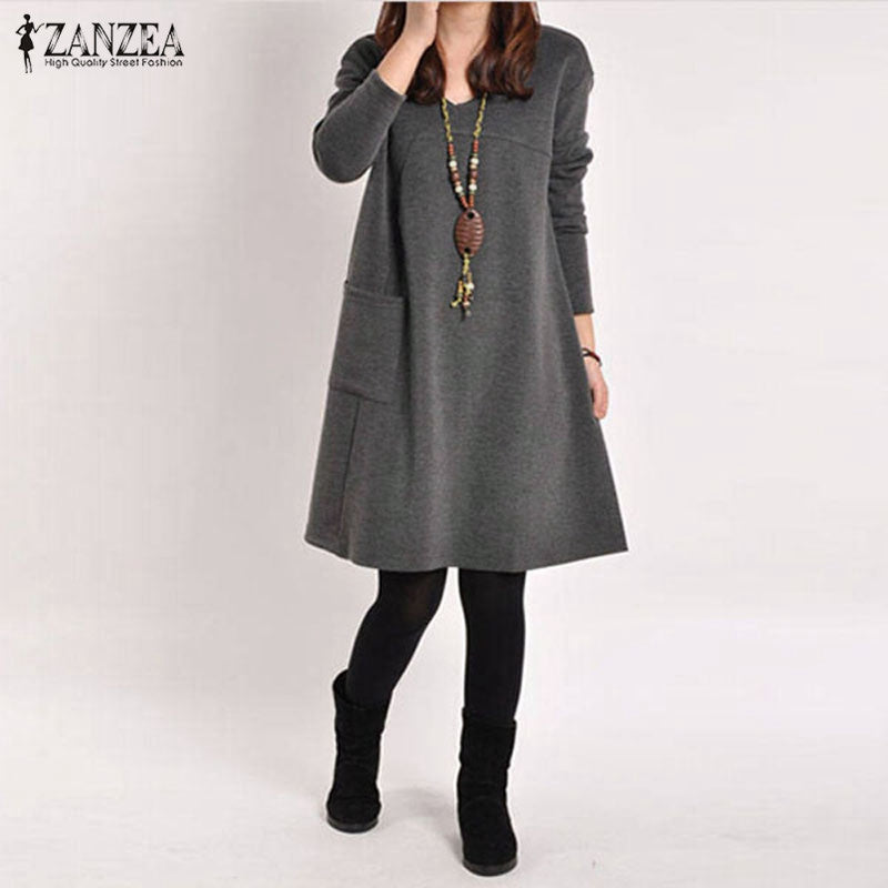 Vestidos 2020 Spring ZANZEA Women Vintage Long Sleeve Pocket Dress Ladies Casual Loose Solid V Neck Dresses Plus Size