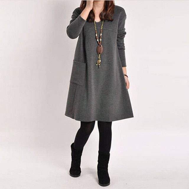 Vestidos 2020 Spring ZANZEA Women Vintage Long Sleeve Pocket Dress Ladies Casual Loose Solid V Neck Dresses Plus Size